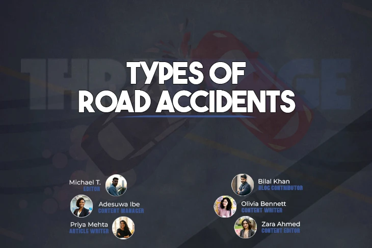 Different types of road accidents involving cars, motorcycles, and boats, highlighting causes and effects.