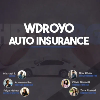 Wdroyo Auto Insurance logo displayed on a smartphone screen in a moving car, showcasing real-time safe driving discounts and AI-powered protection.