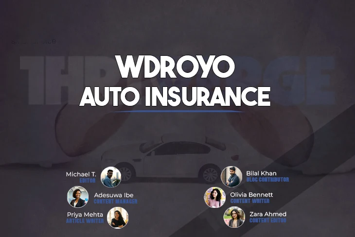 Wdroyo Auto Insurance logo displayed on a smartphone screen in a moving car, showcasing real-time safe driving discounts and AI-powered protection.