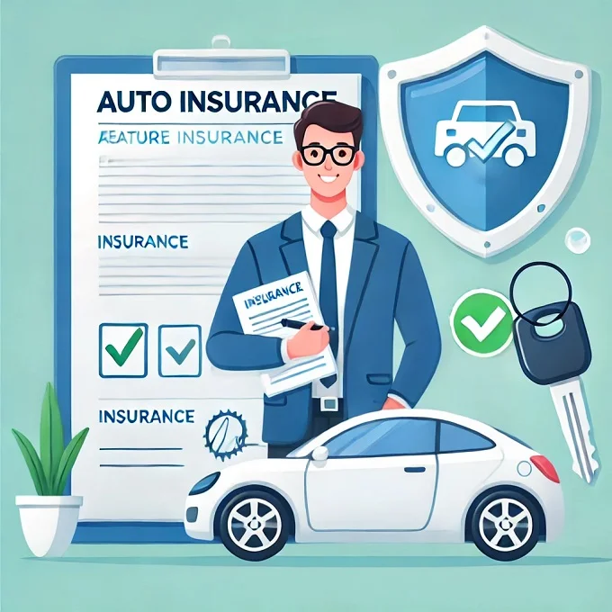 Auto insurance company concept featuring a car, insurance documents, and a friendly insurance agent in a professional setting.