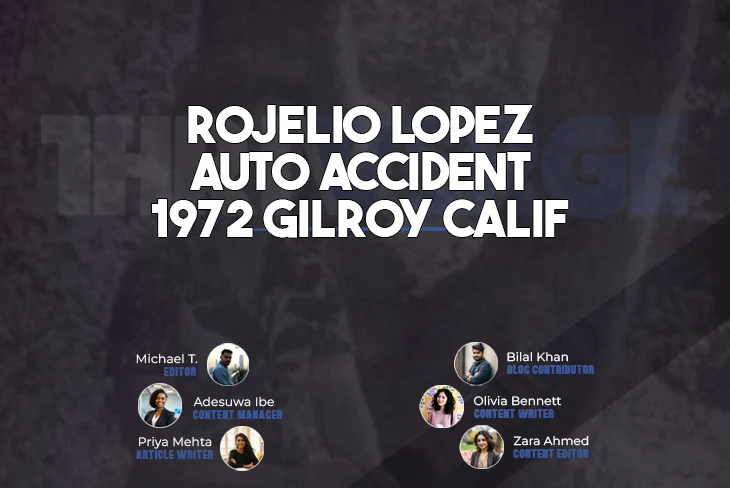 Historic photo depicting the aftermath of the Rojelio Lopez auto accident 1972 Gilroy Calif, showing emergency responders at the scene.