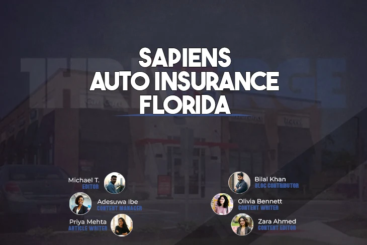 Sapiens Auto Insurance Florida logo on a sunny beach background with palm trees and cars