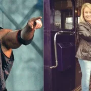 Scott Hall as Razor Ramon and Dana Lee Burgio standing in a train doorway showing their contrasting lives
