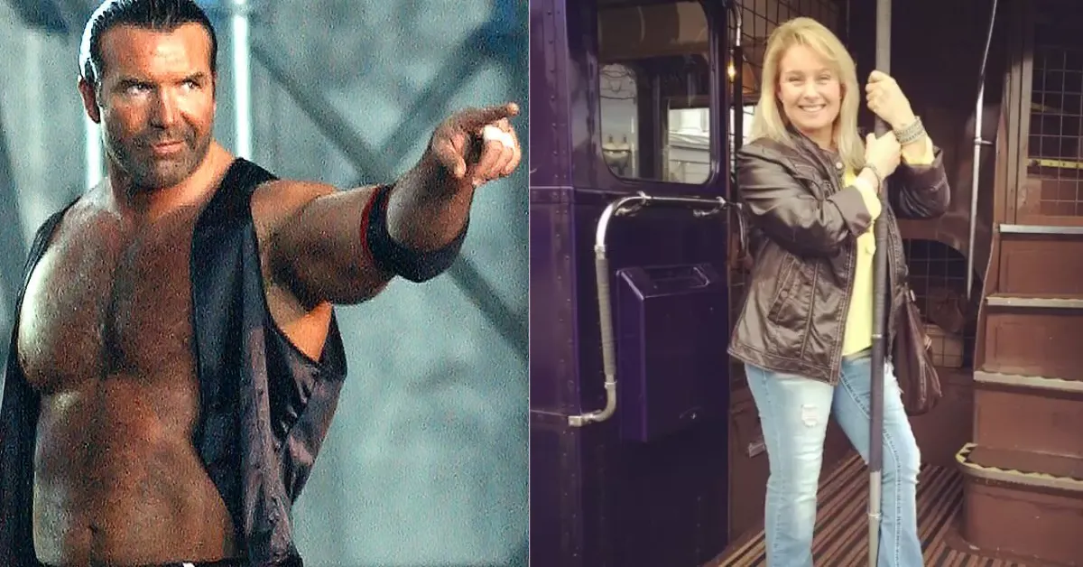 Scott Hall as Razor Ramon and Dana Lee Burgio standing in a train doorway showing their contrasting lives