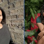 Lesa Tureaud, daughter of Mr. T, smiling in casual portrait and professional seated pose, reflecting her career transition from education to comedy.