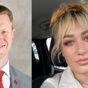 Scott Frost and his wife Ashley Frost side-by-side portraits - UCF football coach and supportive partner