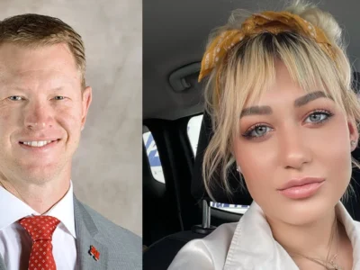 Scott Frost and his wife Ashley Frost side-by-side portraits - UCF football coach and supportive partner
