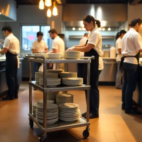 Professional stainless steel Afruimwagens clearing carts in modern restaurant kitchen with staff using bussing trolleys