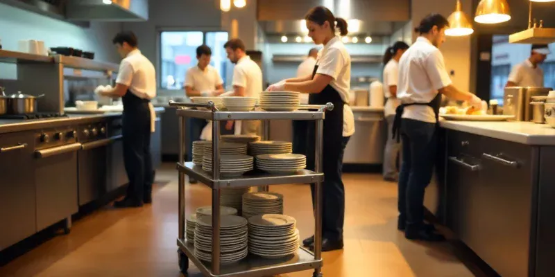 Professional stainless steel Afruimwagens clearing carts in modern restaurant kitchen with staff using bussing trolleys