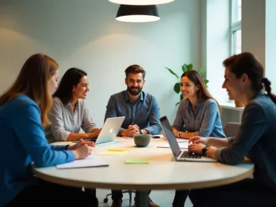 Business executives discussing Crew Disquantified Org transformation in modern corporate boardroom meeting