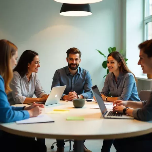 Business executives discussing Crew Disquantified Org transformation in modern corporate boardroom meeting