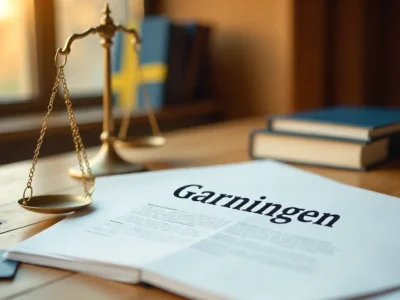 Gärningen Swedish legal term featured image with law books and scales of justice in professional blue design