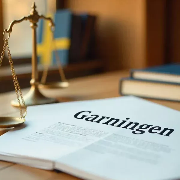 Gärningen Swedish legal term featured image with law books and scales of justice in professional blue design