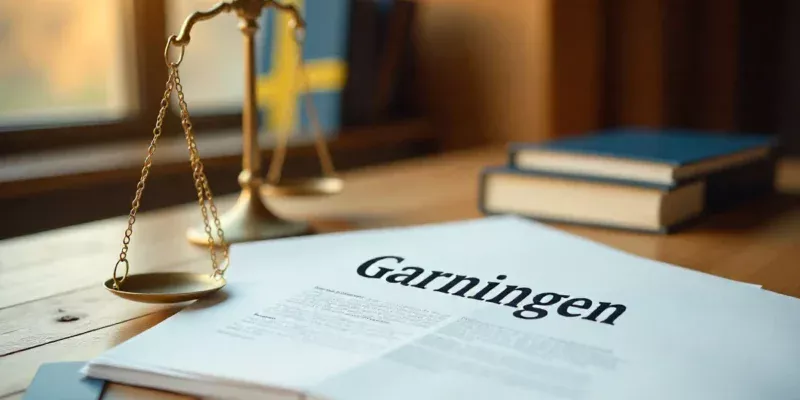 Gärningen Swedish legal term featured image with law books and scales of justice in professional blue design