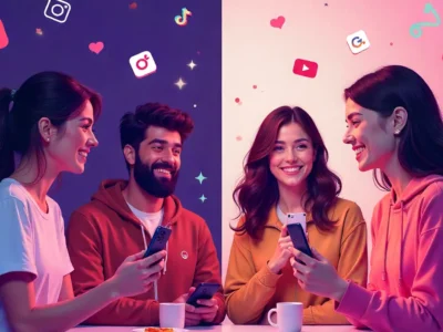 Simbramento social media trend illustration showing authentic content creators with phones and platform icons