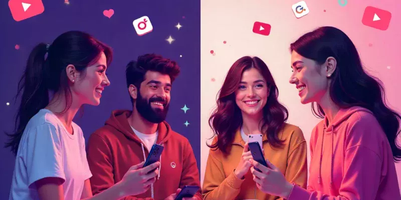 Simbramento social media trend illustration showing authentic content creators with phones and platform icons