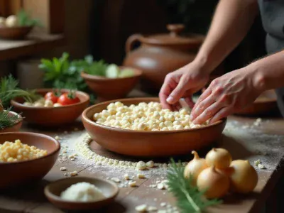 Traditional Sodziu preparation in Lithuanian village kitchen with rice, grains, fermentation pots and heritage ingredients