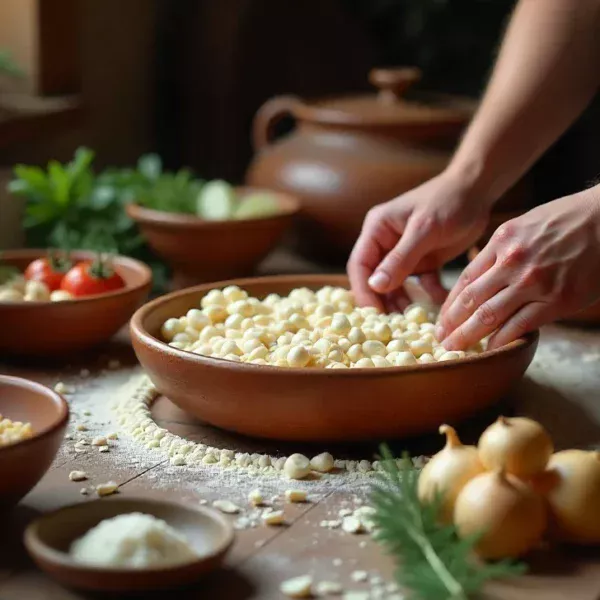 Traditional Sodziu preparation in Lithuanian village kitchen with rice, grains, fermentation pots and heritage ingredients