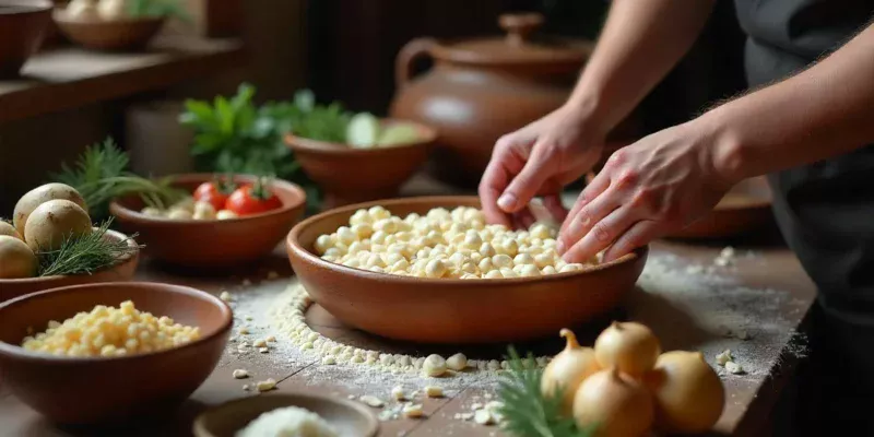 Traditional Sodziu preparation in Lithuanian village kitchen with rice, grains, fermentation pots and heritage ingredients